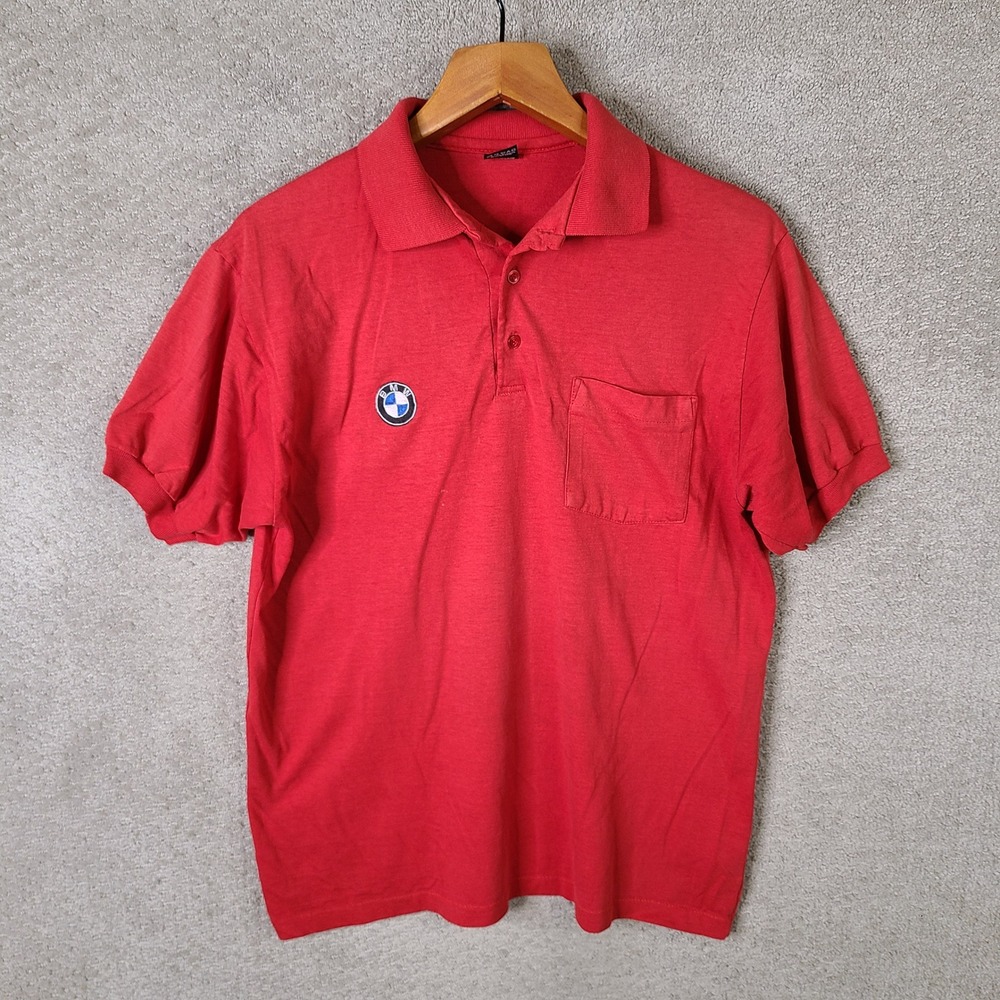 Screen Stars Shirt Mens L Red Polo BMW Logo Pocket Cotton Blend Casual Vintage